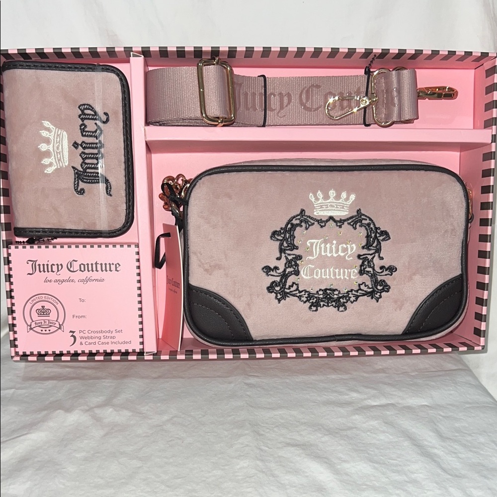 Juicy Couture Pink and Black Crossbody Set with Belt & Wallet